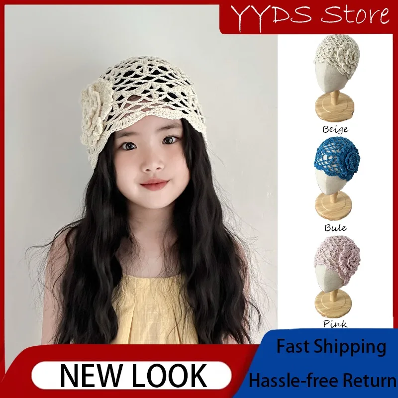 

Spring Summer Girls Floral Hollow Knitted Beanie Handmade Breathable Warm Sun Hat for Kids Daily Wear