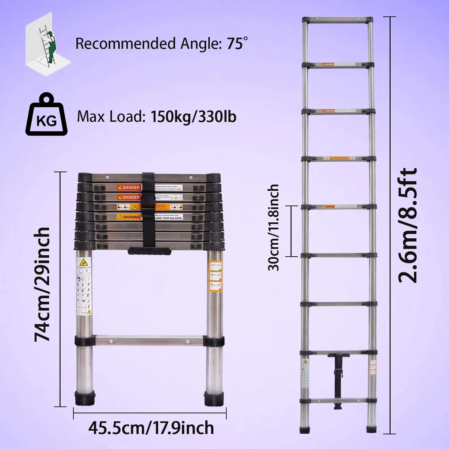DayPlus Telescopische Ladder Roestvrijstalen Vouwladder Draagbare Uitschuifbare Loft Ladder Capaciteit Max. Belasting 150kg/330lb, EN131