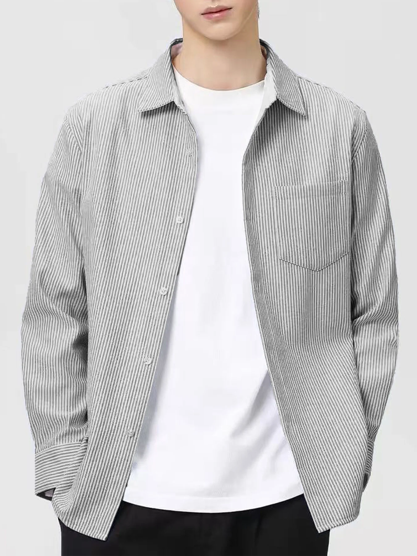

Универсальная базовая полосатая рубашка с длинными рукавами, парный стиль, повседневная мужская рубашка в стиле ретро на весну и осень.