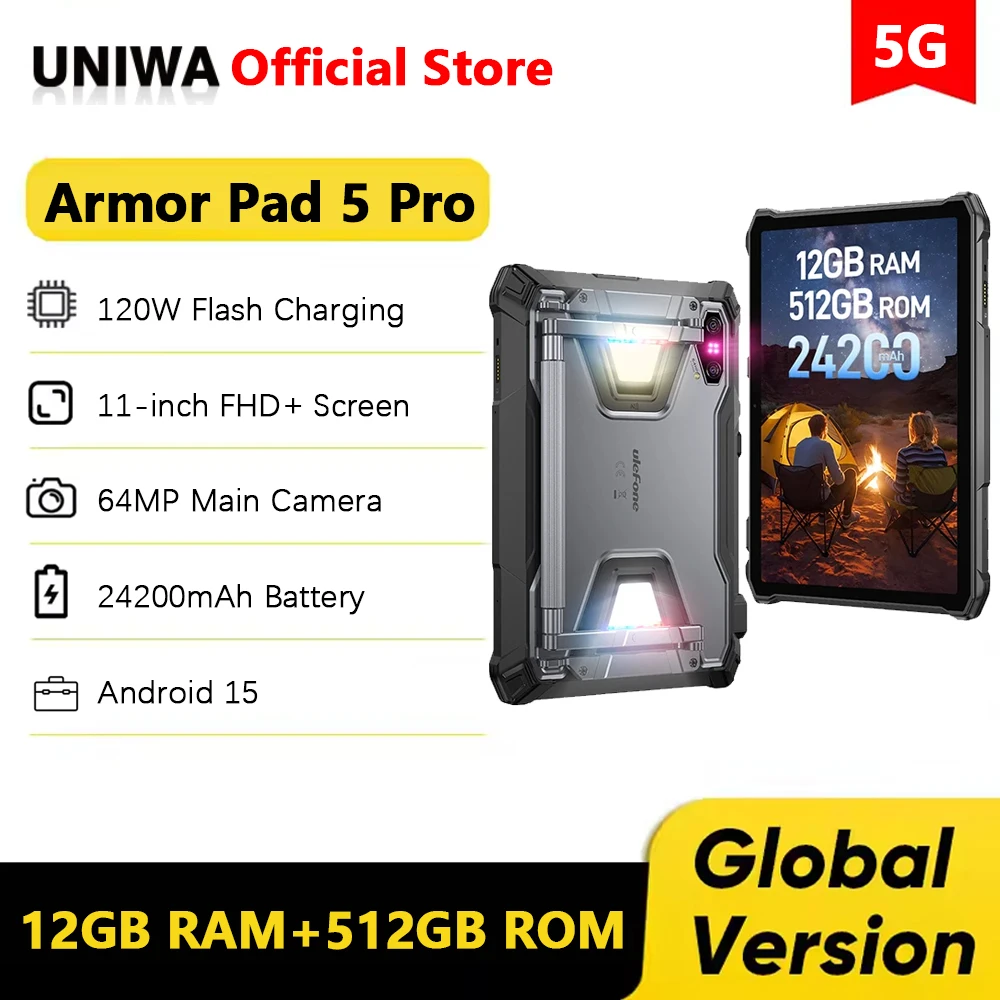 Ulefone Armor Pad 5 Pro 5G Rugged Tablet 24200mAh Battery 11 Inch 12GB 512GB Smart Pad 64MP 120W GPS Tablets PC  Android 15 NFC
