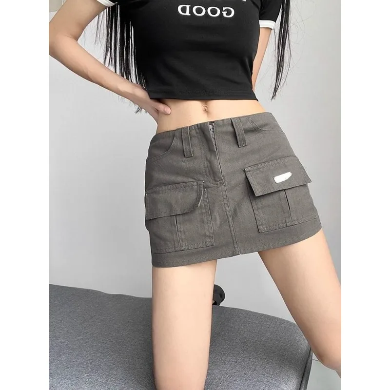 Jupes cargo grises rétro pour femmes avec poches