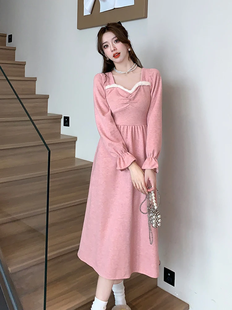 2024 Women Square Collar Rough Selvedge Patchwork Lace-Up Dress Autumn Winter Temperament Flare Sleeve High Waisted Long Skirt