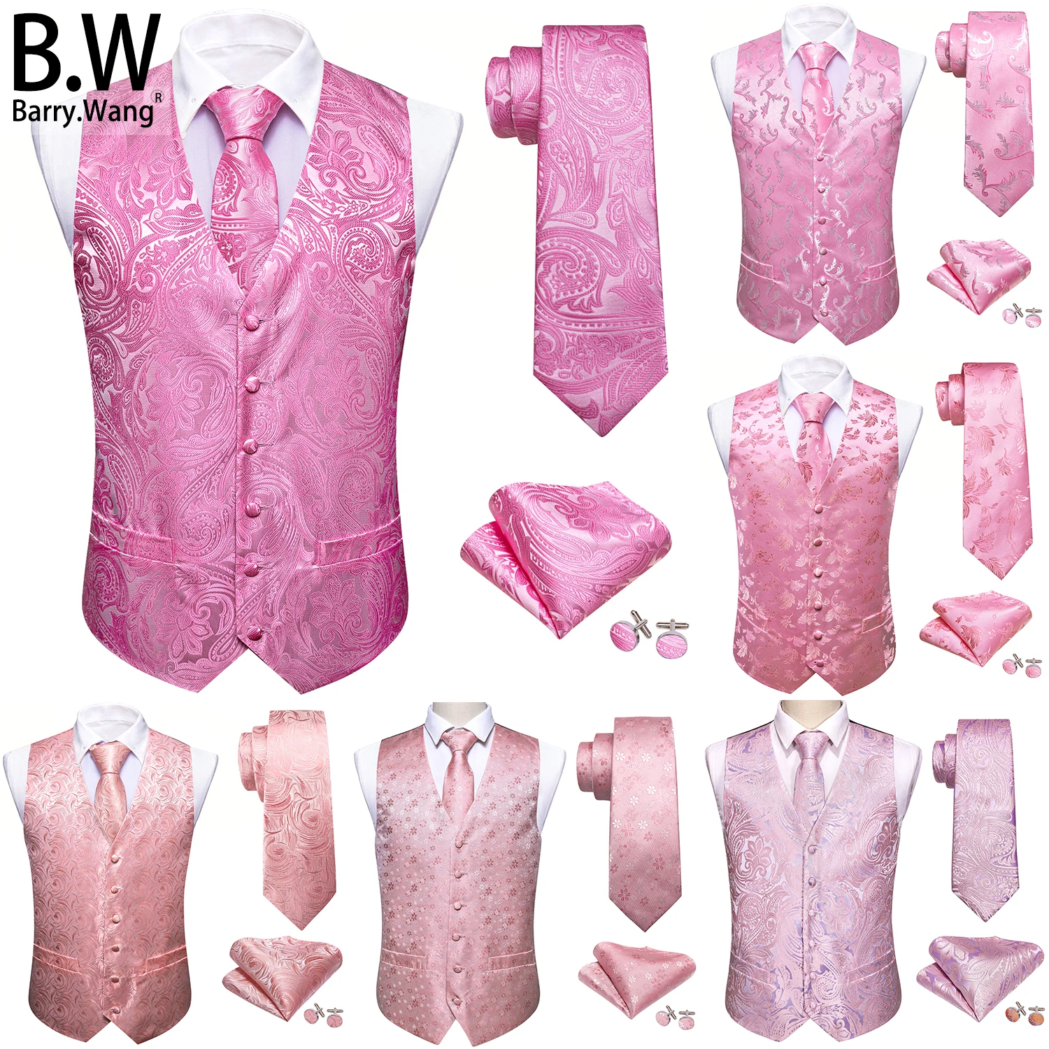 Pink Rose Salmon Silk Men Vest Tie Hanky Cufflinks Set Paisley Floral Waistcoat Sleeveless Jacket Wedding Business Barry.Wang