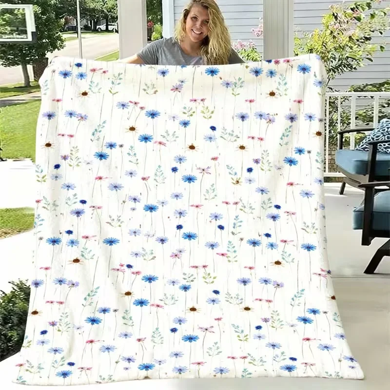 Watercolor Daisy Floral Throw Blanket White Base Pastel Blue Pink Flower Soft Warm Blanket For Sofa Bed Cottagecore Decor