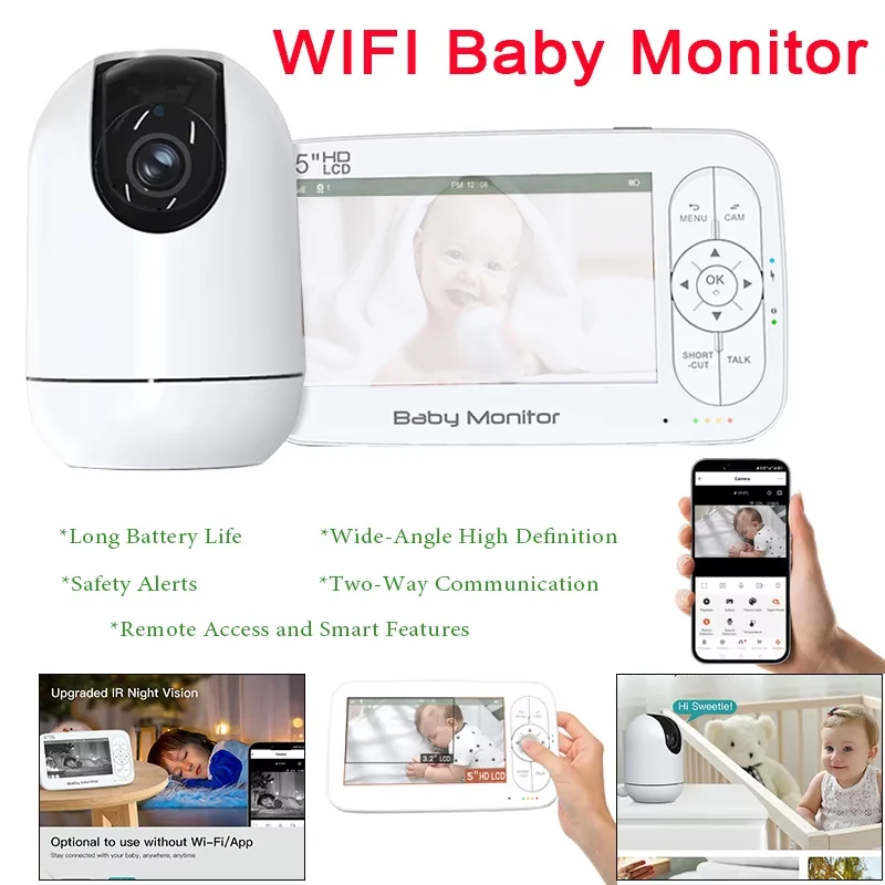 Monitor para Bebés TUYA con Cámara 1080P y Zoom 4X, Pantalla de 5 Pulgadas, Control Dual por Aplicación y Monitor, 5000 mAh, 360° °   Mujer de Carga Electrónica Giratoria para Bebés
