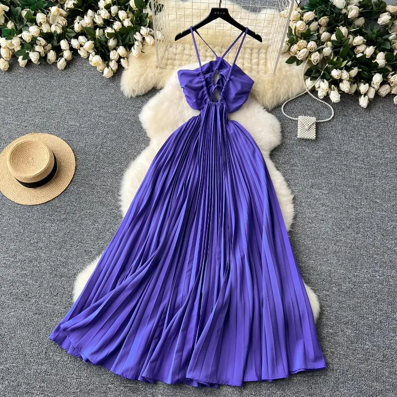 

Sexy Hollow Out Halter Backless Slip Dress Chic Vintage Evening Party Club Women Chic Summer Sweet Beach Pleated Long Dresses
