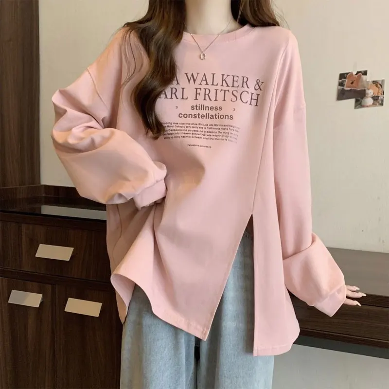 Female Clothing Letter Printed Sweatshirts Loose Spring Autumn Fashion Split Asymmetrical Casual Korean Long Sleeve Pullovers