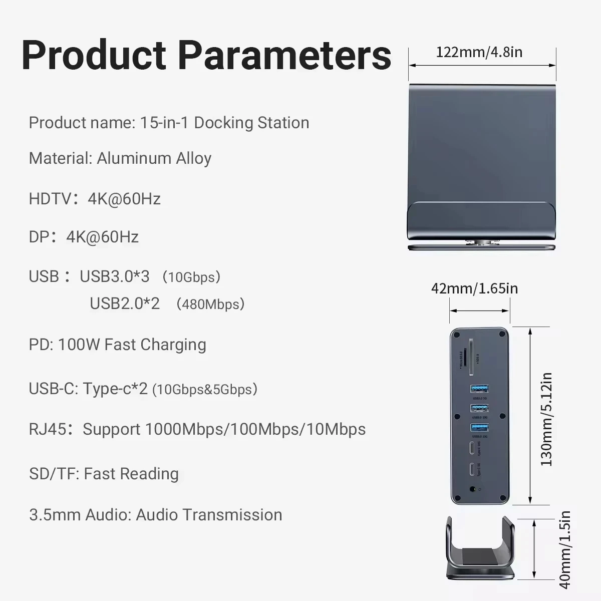 Type C Docking Station 15 in 1 Hub 4K60Hz HD DisplayPort USB A RJ45 SD TF 35mm Audio Adapter for Macbook Pro Laptop PC