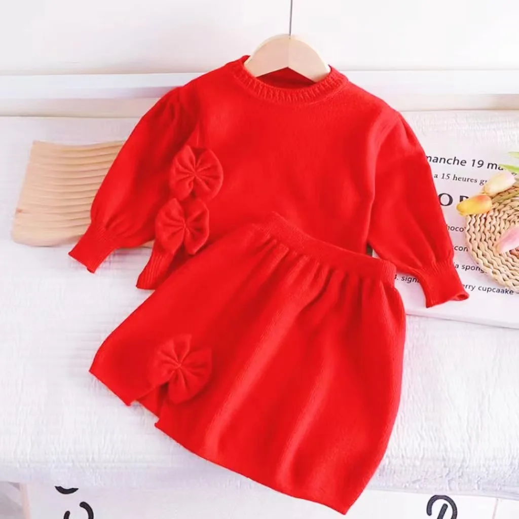 

Girls New Knitted Skirt Sweet Bow Woolen Dress Two Piece Set Children's Autumn/Winter Short Skirt