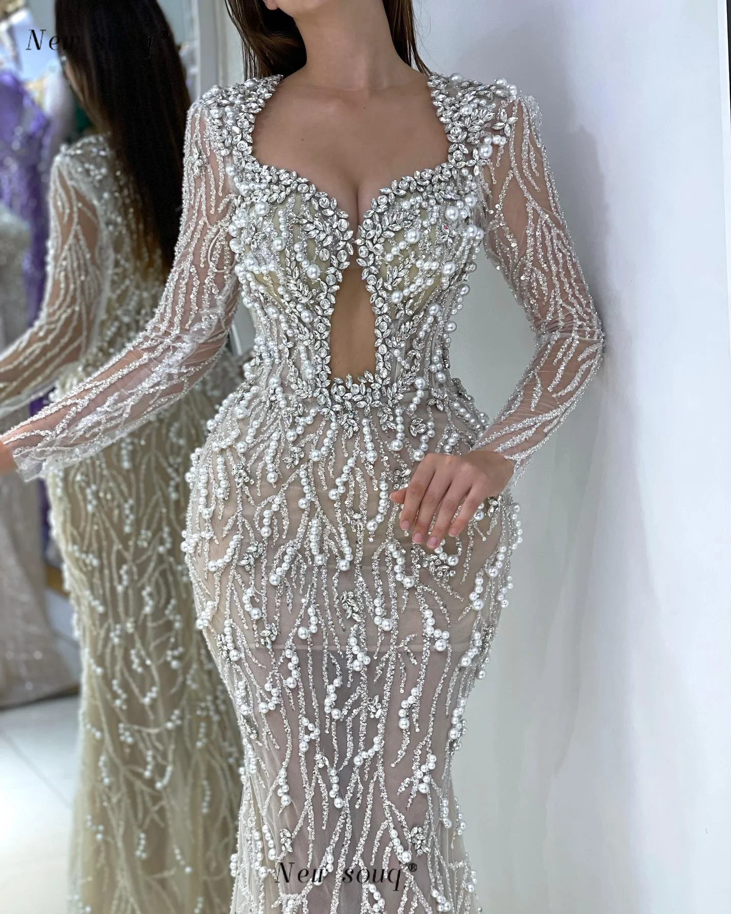 Cristales árabes Perlas Con cuentas Mangas largas Vestidos de noche Ocasiones formales Vestidos elegantes para mujeres Fiesta de bodas por encargo