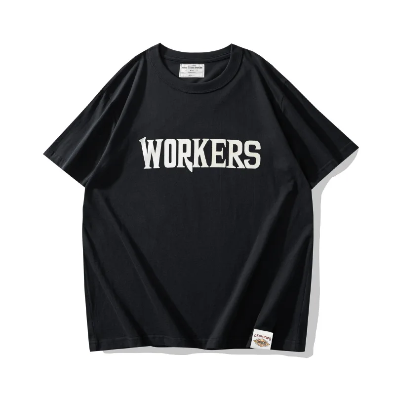 OKONKWO_Round neck thick short-sleeved T-shirt retro motorcycle T-shirt street letter print T-shirt