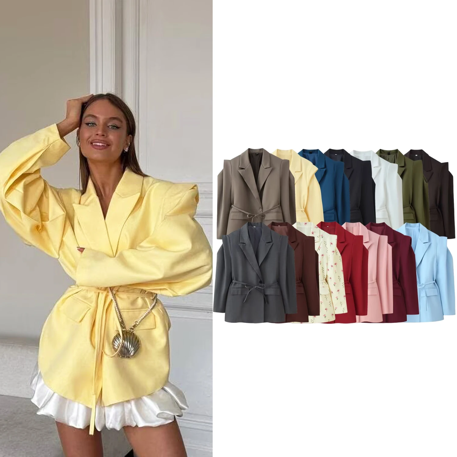 

Women Candy Colors Commute Blazer Jacket Female Lace-Up Loose Pocket Lapel Party Outwear Lady Bandage Coat Jackets Streetwear
