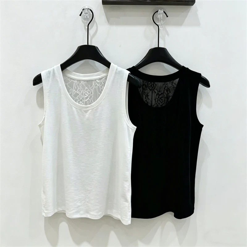 High-quality summerNew women's round neck lacePatchwork double shoulderVest fashionable stretchy slim back hollow sleeveless top