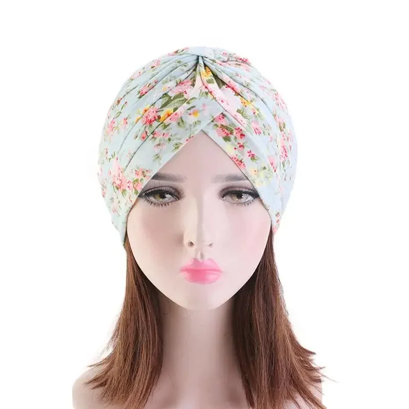 Indian Turban Muslim Women Hijab Floral Printed Hat Cancer Chemo Cap Islamic Hair Loss Cover Beanie Bonnet Head Scarf Pleated