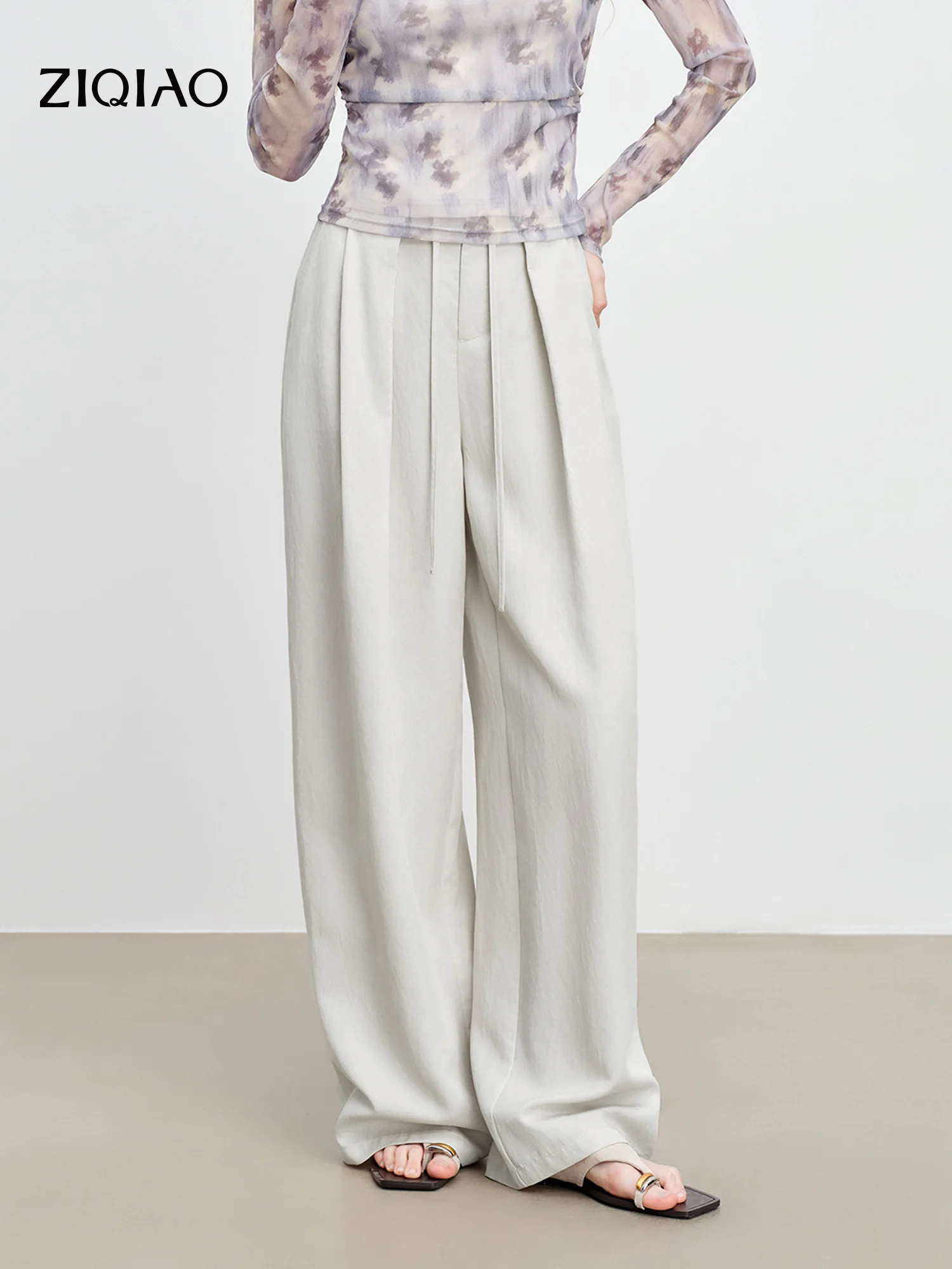 

ZIQIAO Women's Pleated Straight Leg Drawstring Casual Pants Spring 2026 New Arrival Simple Ins Korean Style Temperament