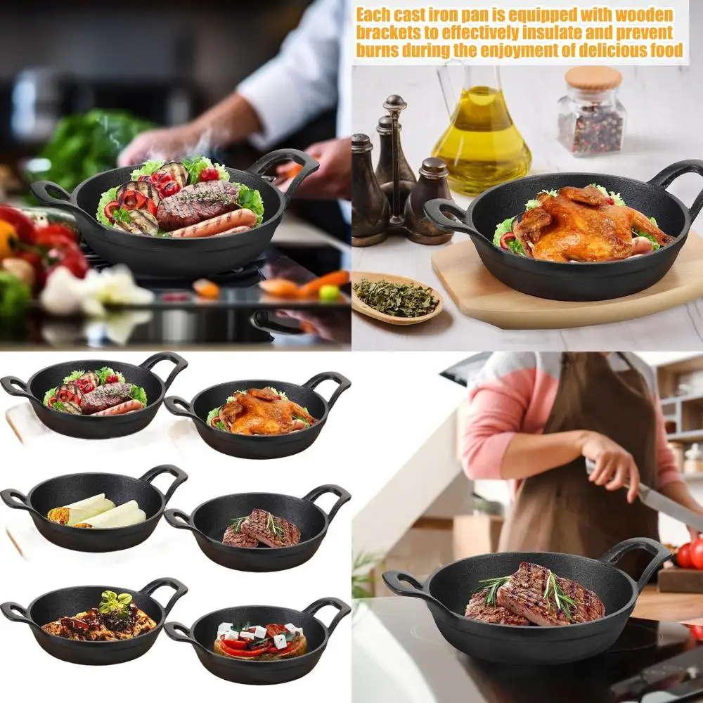 

Набор из 6 мини-чугунных сколов с деревянным основанием, круглая тарелка Fajita 6,3 для приготовления пищи и вечеринок