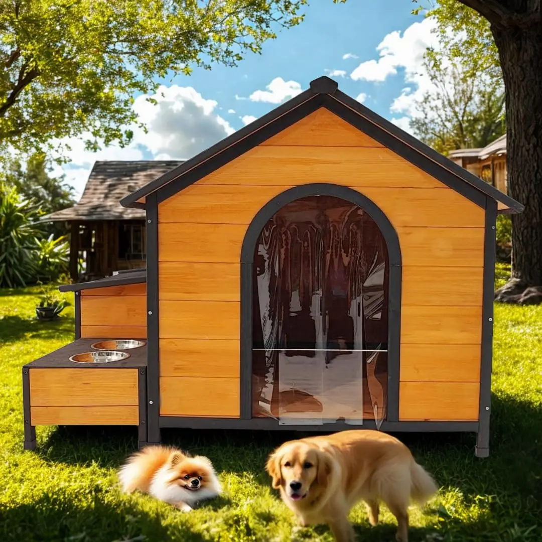 

Большой деревянный домик для собак 55 дюймов с мисками и местом для хранения игрушек – уличный игровой домик-убежище для нескольких собак, на заказ