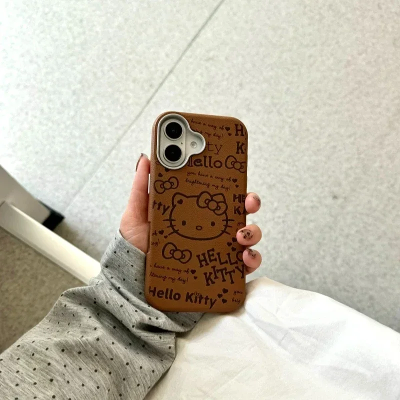 Capa de couro bonito dos desenhos animados, Sanrio, Olá Kitty Bow Brown, à prova de choque, Capa dura, Sanrio, iPhone 16, 15, 14, 13, 12, 11, Pro, Max