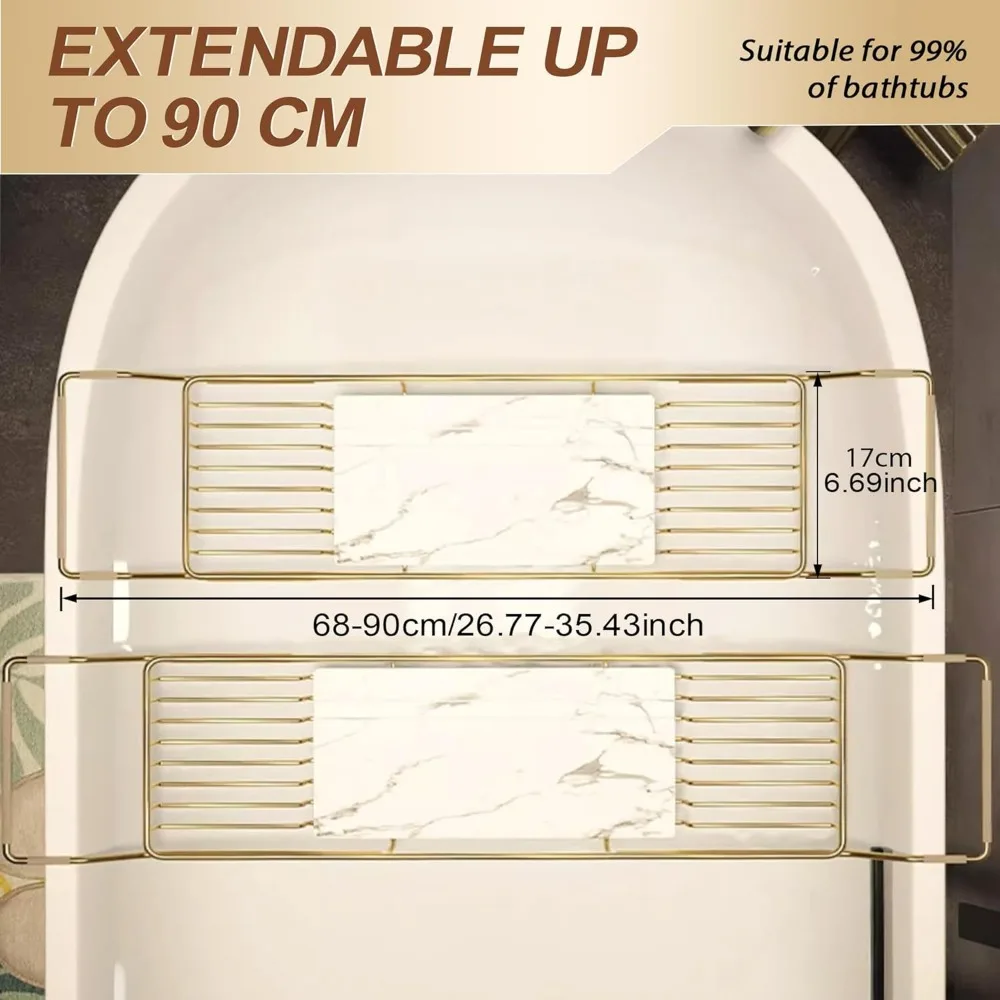 

Adjustable Stainless Steel Bathtub Tray with Marble Base - Rustproof Bath Caddy for Spa Relaxation & Bath Bombs