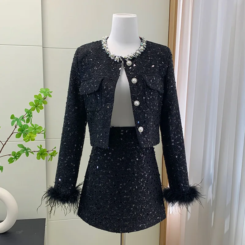 Autumn Winter Clothes Fashion Luxury Tweed Two Piece Set For Women Short Jacket Coat + Skirt Suits 2 Piece Sets Women Outfit