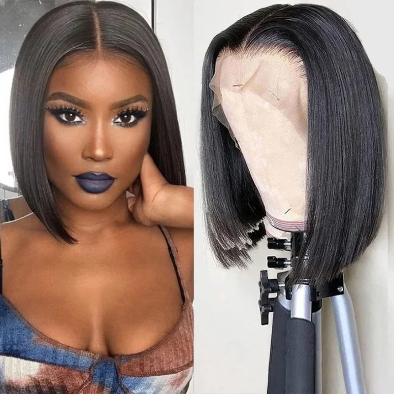 

Women's black fashion bob wig with middle parting, lace front, short straight synthetic hair