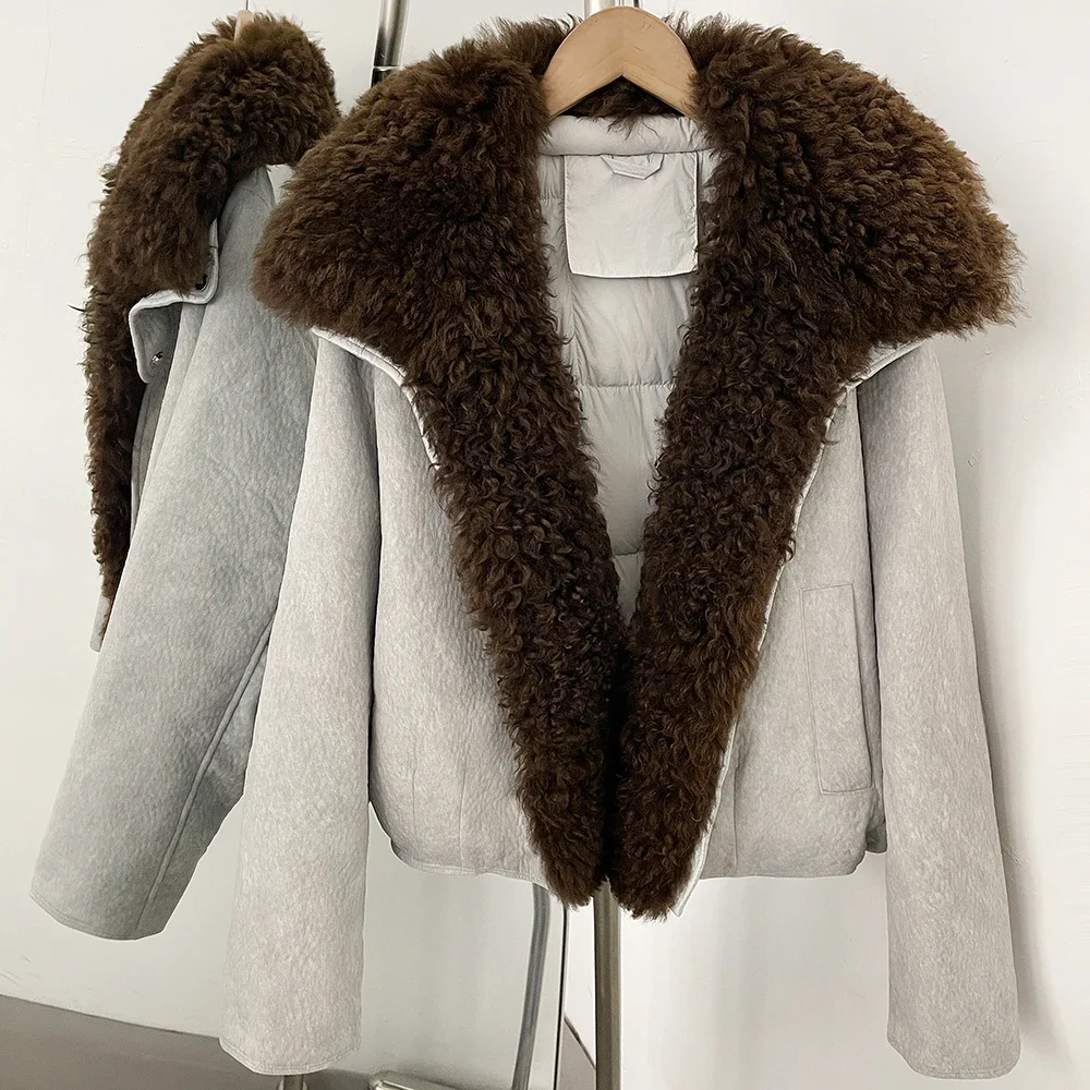OFTBUY Winter Dicker Kurzer Puffermantel Modische Reißverschluss-Daunenjacke mit Echtem Fell Damen Echter Lammfellkragen Entendaunen-Bekleidung – Detail 10