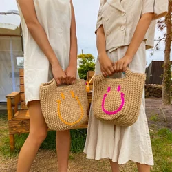 Ins Pure Hand-woven Women Bags Smiley Literary Retro Cute Straw for Hand-held Cotton Thread All-match HandBag