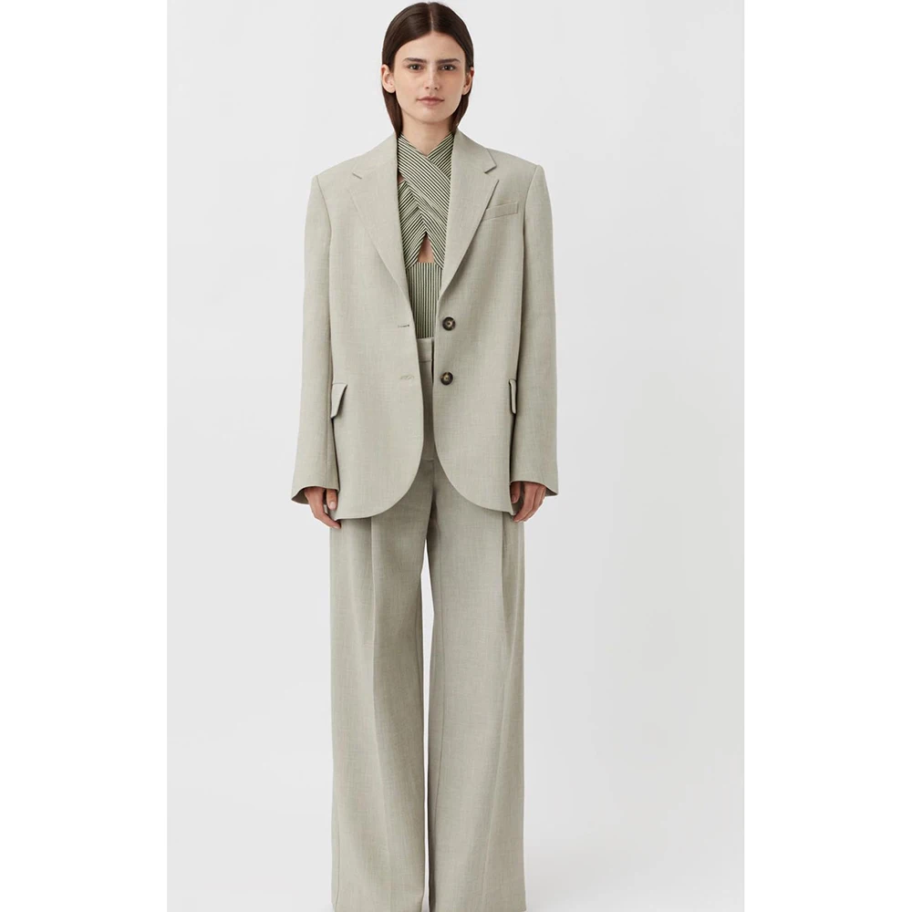 Minimalist Style Light Gray-Green Women Single-Breasted Suit 2 Piece Jacket Pant Set Notch Lapel Loose Office Casual Female