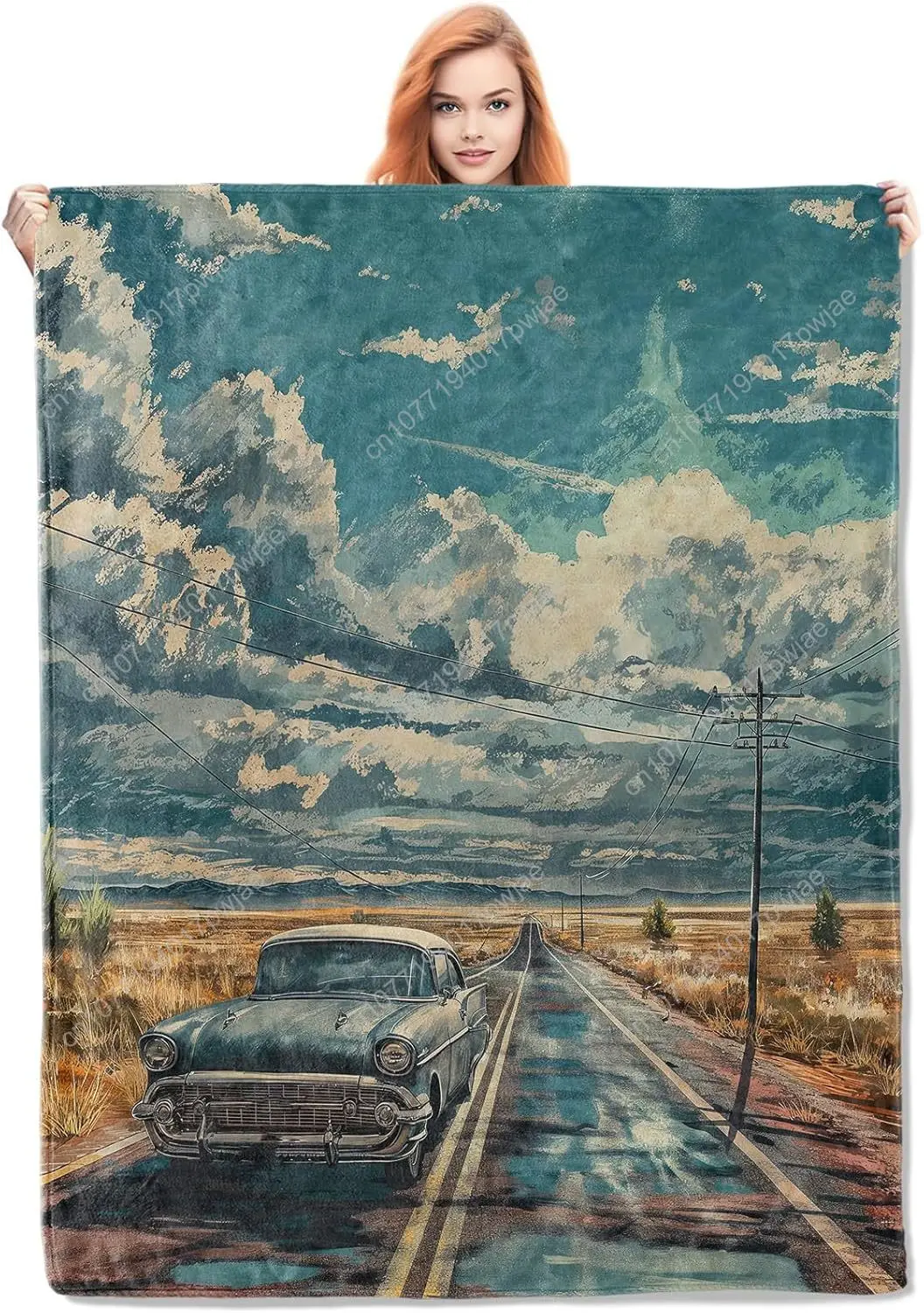 

Vintage Car Route 66 Blanket, Classic Car and Scenic Highway Flannel Throw Blankets Soft Warm Lightweight Cozy Custom blankets