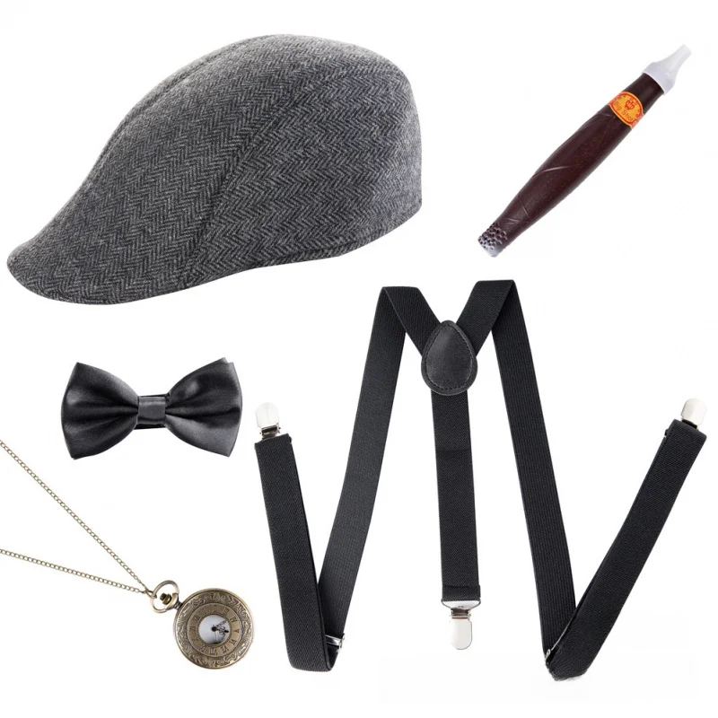 Men's Theme Party Beret Cigar Pocket Watch Strap Bow Tie Five-Piece Set