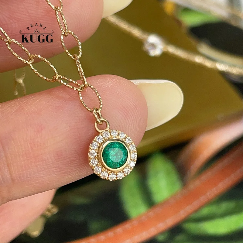 KUGG 100% 18K Yellow Gold Bracelet Elegant Round Shape Shiny Diamond Natural Emerald Bracelet for Women High Anniversary Gift