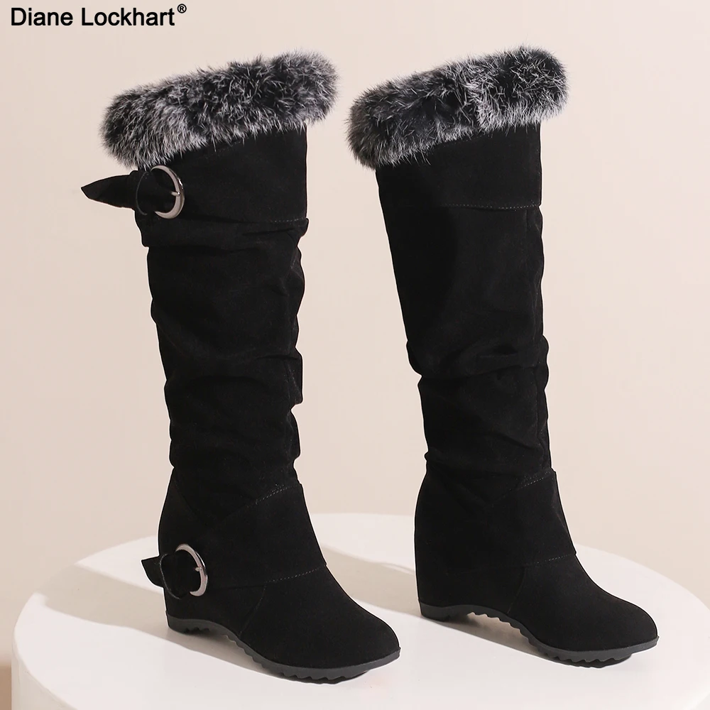 

Hot Warm Snow Boots Women 2024 Winter Shoes Warm Fur Plush Knee High Boot Ladies Casual Round Toe Wedges Heels Shoes Female