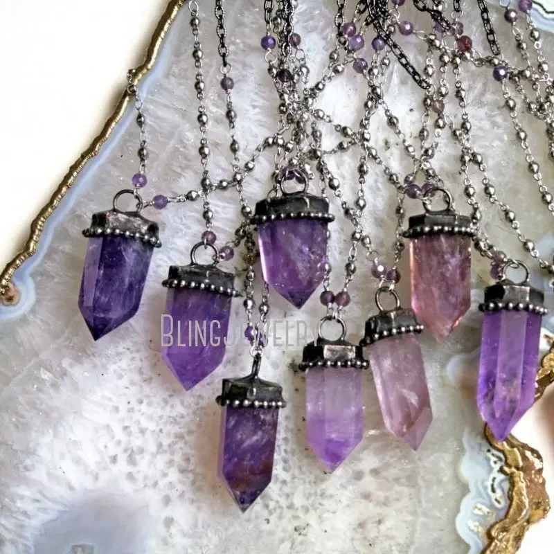 10pcs Goth Amethyst Crystal Obelisk Talisman Wicca Witch Gothic Choker Necklace Halloween Wiccan Witchy Stainless Steel Jewelry