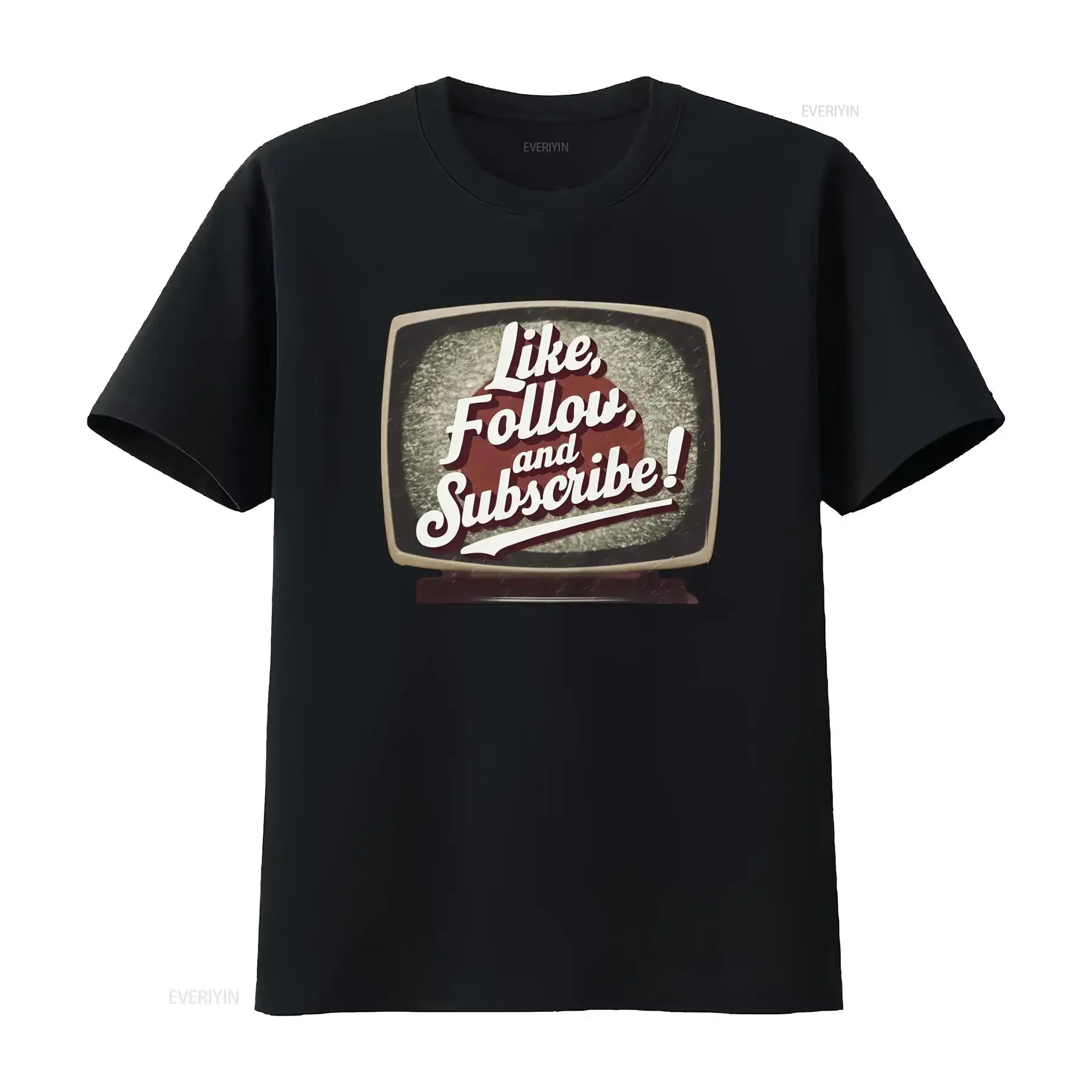 T-shirt unisexe style rétro TV, avec motifs 'Follow' et 'Abonnez-vous', pour influenceurs sur les réseaux sociaux, effet délavé vintage, polyvalent, doux et confortable