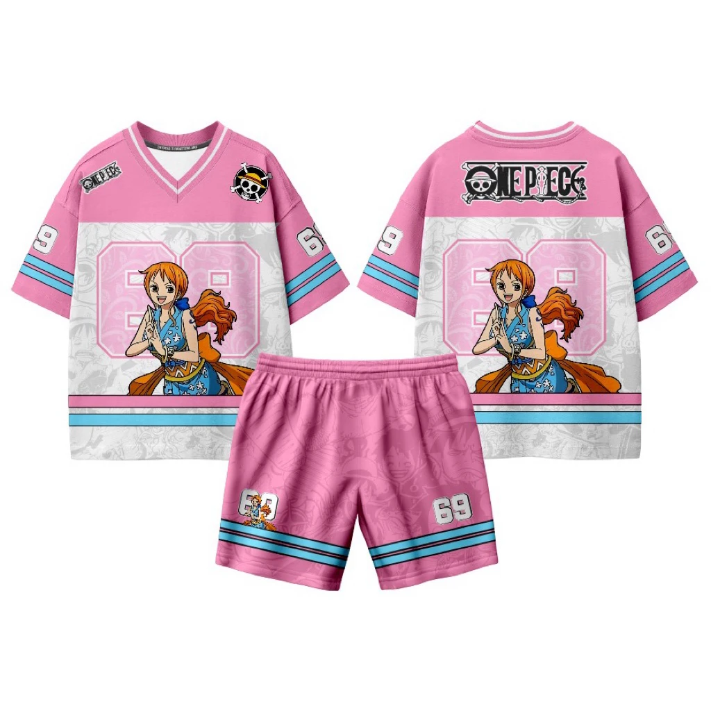 

Summer New Men ONE PIECE Nami T-shirt And Shorts Set Oversized Breathable Speed Drying Sports Set Cartoon Fashion Casual Set ﻿