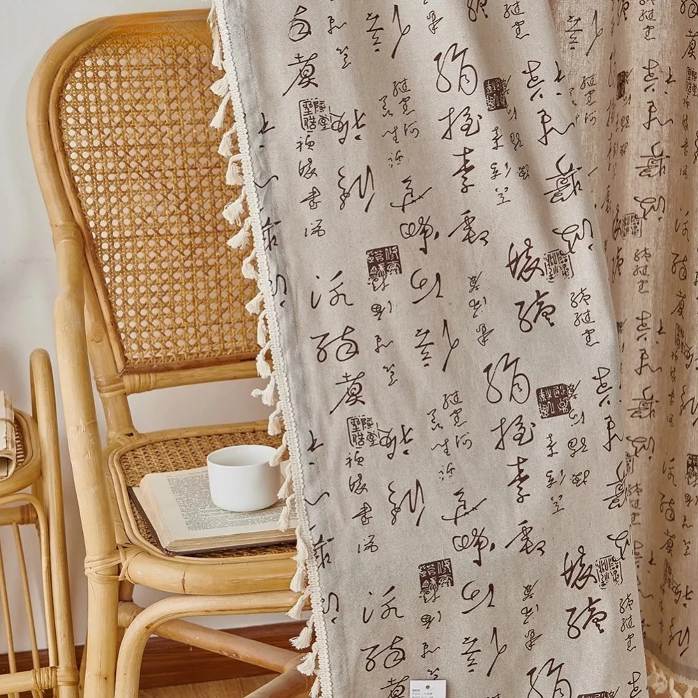 New Modern Style Chinese Printed Curtain with Tassel Window Drapes for Living Room Bedroom Decor 1PC