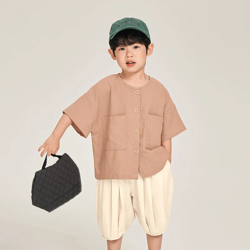 

2025 Children's Summer Edition Korean Round Neck Short Sleeved Shirt, Small and Medium-sized Pure Cotton Thin Top for Children