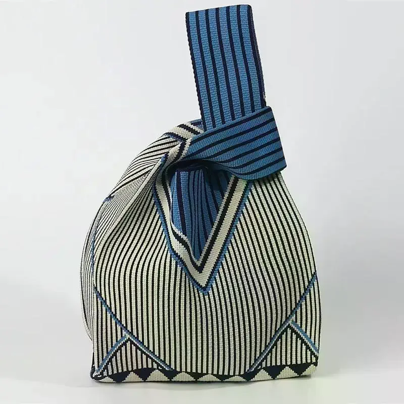 Geometric Striped Knit Handbag Women Mini Wrist Bag Reusable Shopping Tote Bags
