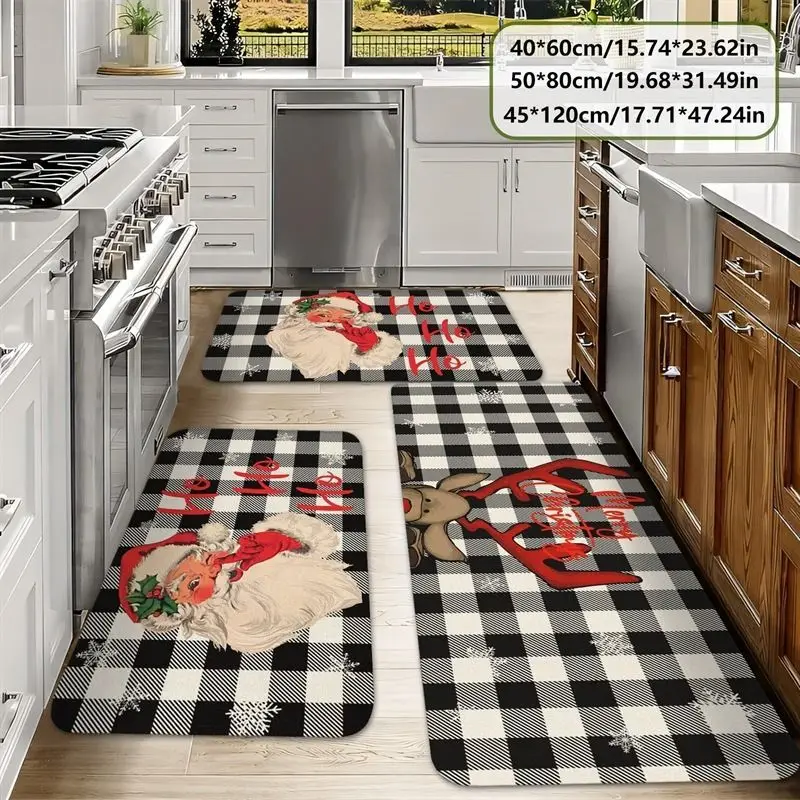 VIKAMA Checkerboard Kitchen Mat Black White Santa Claus Reindeer Christmas Plush Non Slip Washable Quick Dry Indoor Home Decor
