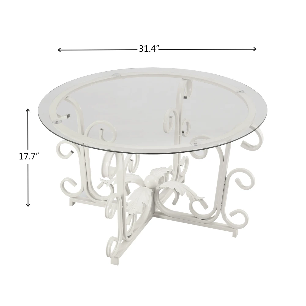 Mesa de centro de vidrio con base resistente en forma de hoja de hierro, mesa de cóctel de ocio con tapa de vidrio templado para sala de estar (blanco)