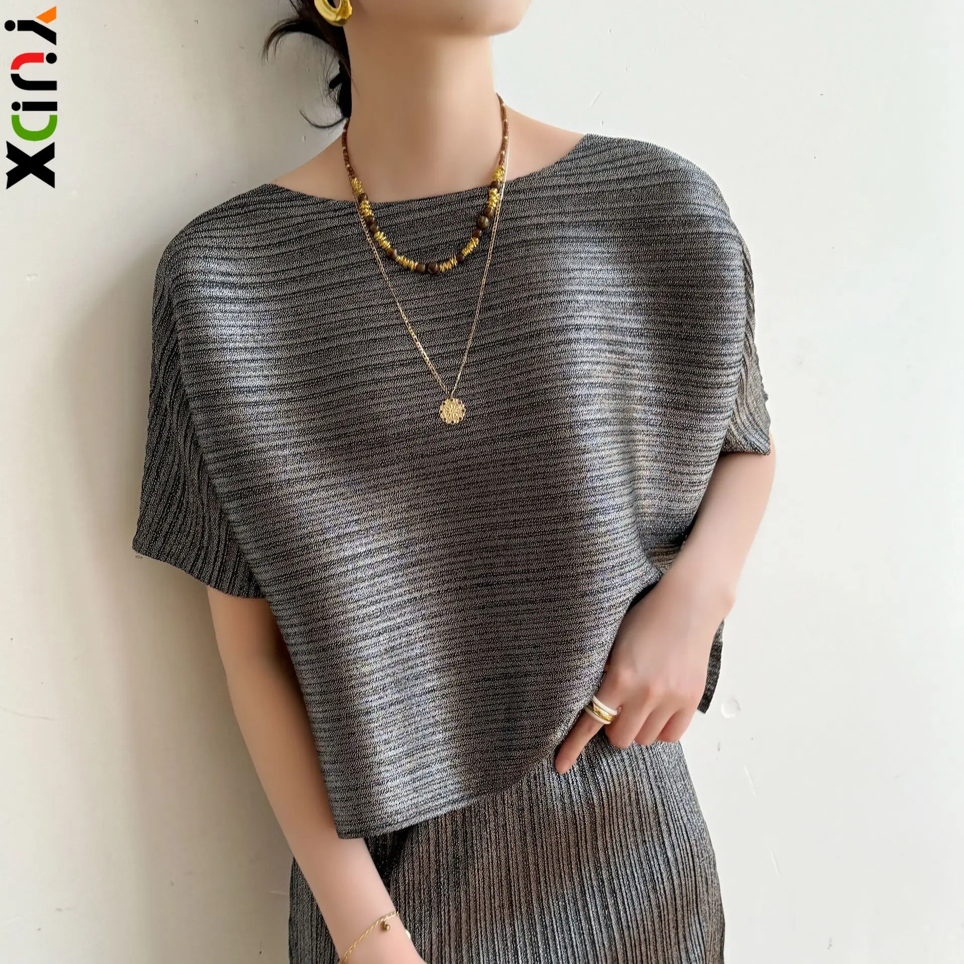 

YUDX Miyake Pleated Solid Two Piece Set Short Sleeve Top & Midi Skirt Loose Fit Elegant Casual Office Wear Outfit for Women New