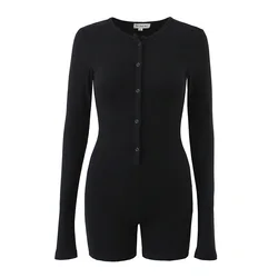 Y2K Kleidung Sexy Offene Taste O hals Volle Hülse Jersey Body Frau Engen Kurzen Overall Slim Fit Strampler Playsuits Schwarz Grau