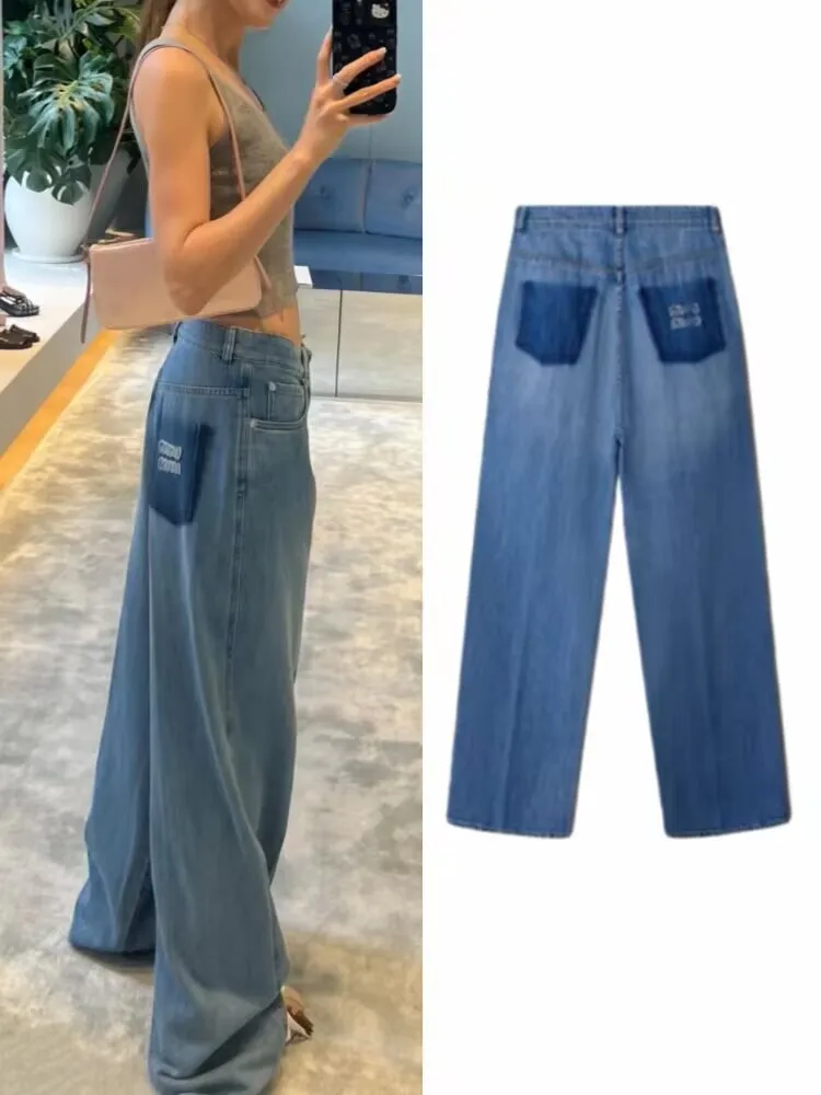 

Retro Logo Embroidery Patchwork Letter Waed Blue Jeans Floor-Length Pants Casual High Waist Straight Leg Loose Fit Summer