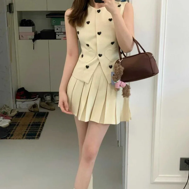 طقم سترة بدلة خيرية صيفية وتنورة نصف طول مطوية مكونة من قطعتين