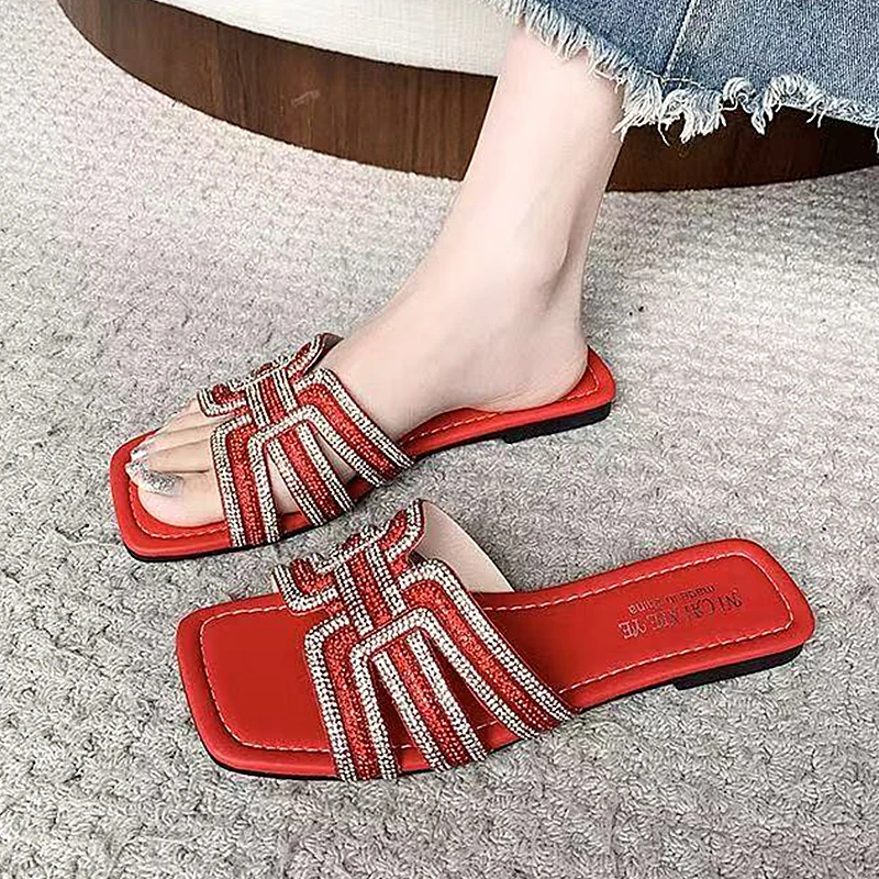 

Fashion Women's Summer Slippers luxury rhinestone Flat Beach Sandal Open Toe Sexy Slides Female Shoes Plus Size 35-44