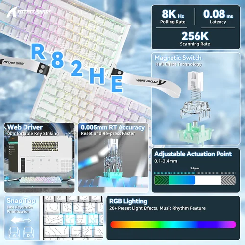 Imagen 2 del producto Teclado Magnético con Cable ATTACK SHARK R82 HE RGB 8KHz con Precisión RT de 0.005mm, Compatible con RT/Snap Tap/DKS/MT/TGL