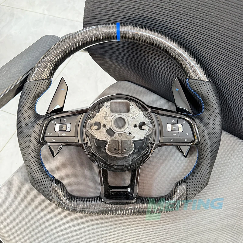 Carbon fiber steering wheel with blue return mark, multifunctional buttons and shift paddles for Golf 7 RLine GTS Tiguan model