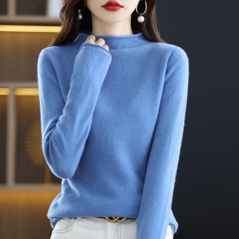 Autumn and winter new 100% pure wool sweater women's high-end loose knit solid color semi-turtle neck Joker.