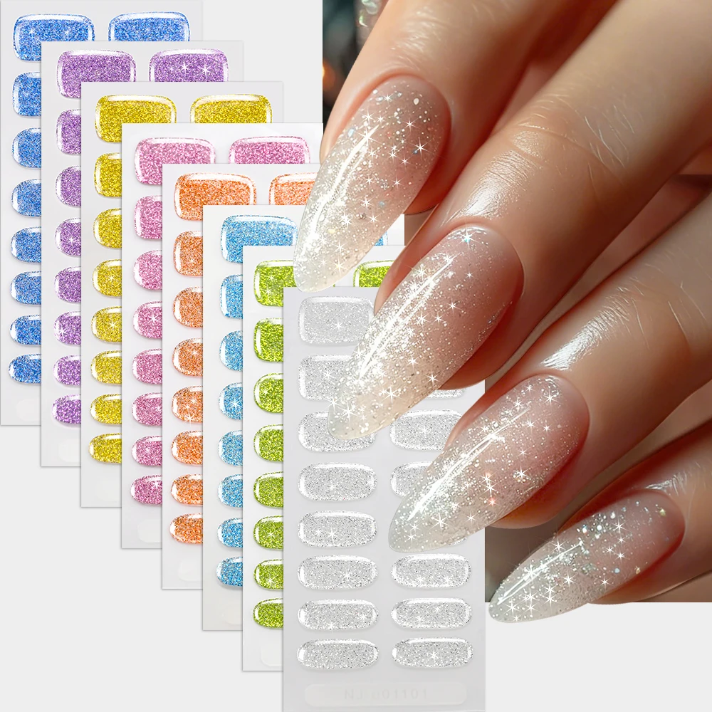 16Tips Translucent Silver Sparkle Glitter Gel Nail Wraps Shimmer Clear Nail Strips Full Cover DIY Manicure Decals UV Lamp Needed