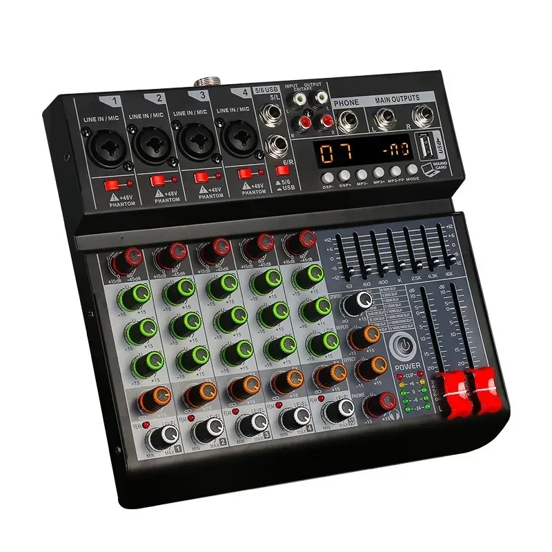 6 ช่องสตูดิโอเครื่องผสมเสียง USB อินพุตสเตอริโอ 2 ช่อง DJ Sound Controller สําหรับเพลงคาราโอเกะคาราโอเกะอินเทอร์เฟซผสมบอร์ด PC